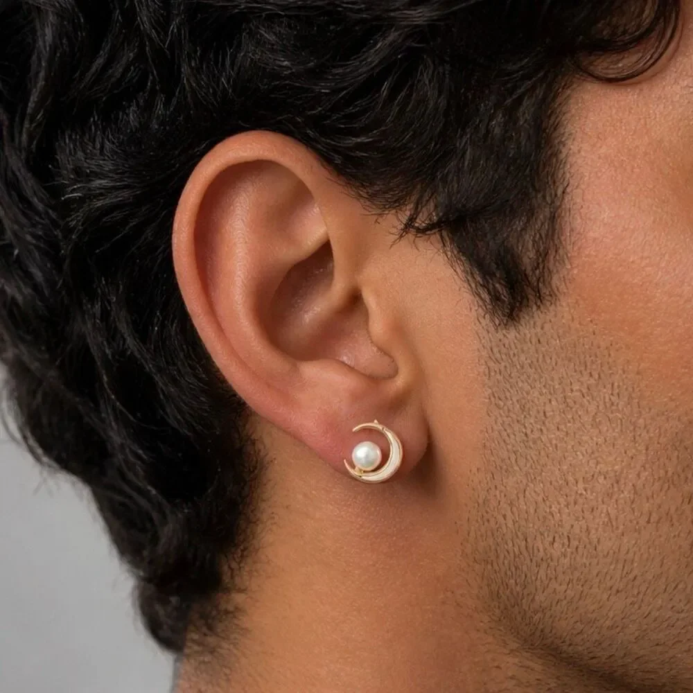 Cosmic Moon Freshwater Pearl Stud Earrings Gold Tone Celestial Crescent Lunar